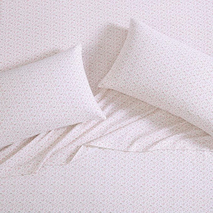 Laura Ashley - Flannel Sheets Queen Size, Anti-Pilling & Wrinkle Resistant Cotton, Touchably Soft for All-Season Comfort - Bed Sheets with Matching Pillowcases & Fitted Sheet (Evie Pink)