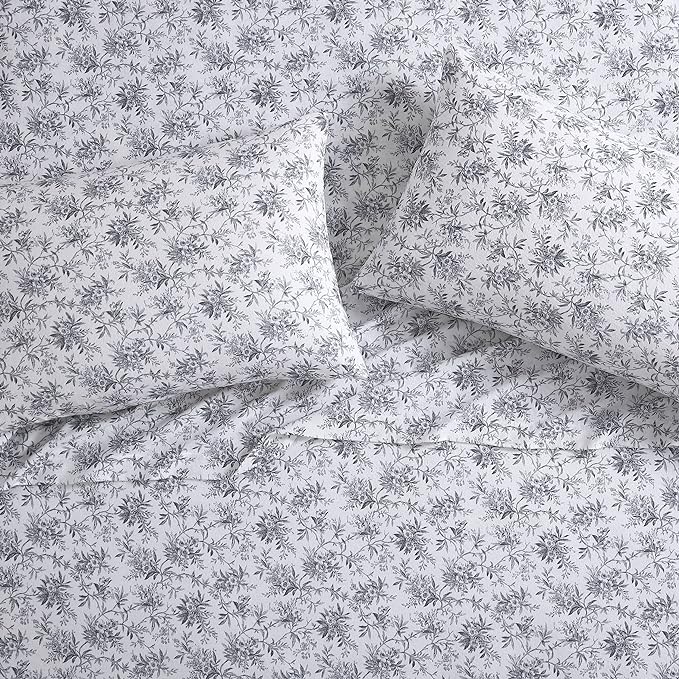 Laura Ashley - Flannel Sheets Full Size, Anti-Pilling & Wrinkle Resistant Cotton, Touchably Soft for All-Season Comfort - Bed Sheets with Matching Pillowcases & Fitted Sheet (Faye Toile Black)