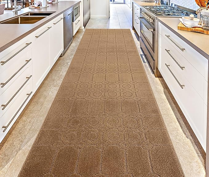 Custom Size Modern Abstract Floor Carpet Runner Rug for Hallways, Slip Resistant Latex Rubber Backed, 31 inch Wide X Customized Length, Art Gold Tan, 31 inch X 3 feet, Doormat Size