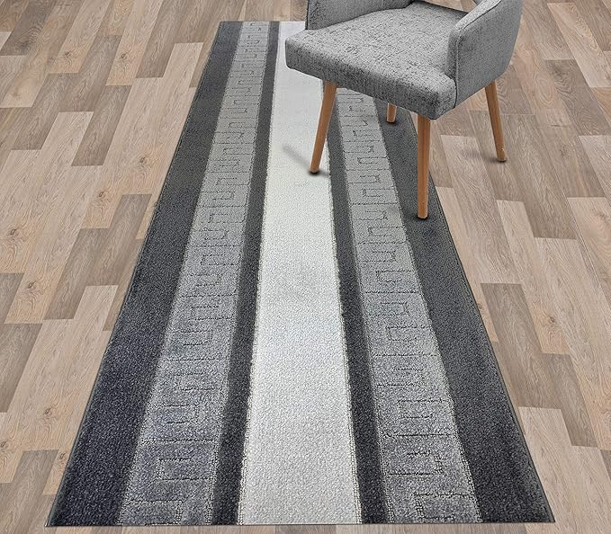 Custom Length Cut to Size Ancient Latin Hellenic Motif Carpet Runner Rug for Hallways, Non Slip Rubber Backed, 31 inch Wide X Customized Length, Greek Key Grey, 31 inch X 16 feet
