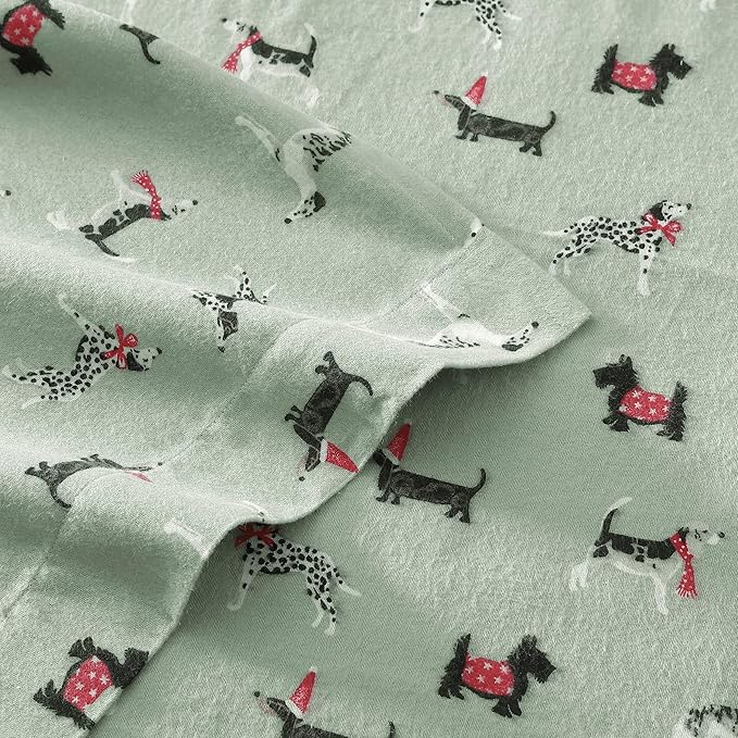 Laura Ashley - Flannel Sheets Twin Size, Anti-Pilling & Wrinkle Resistant Cotton, Touchably Soft for All-Season Comfort - Bed Sheets with Matching Pillowcase & Fitted Sheet (Holiday Pups Green)