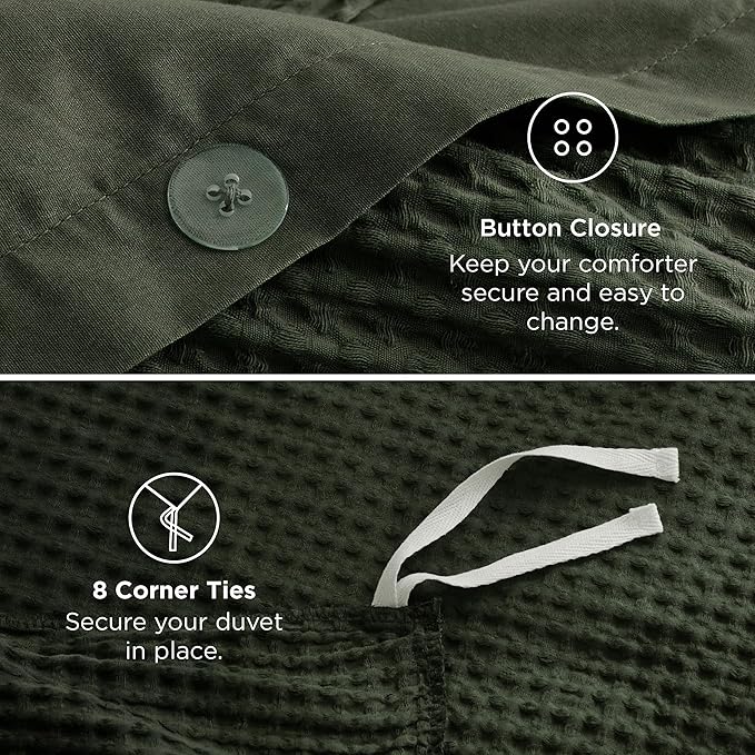 Bedsure 100% Cotton Duvet Cover King Size with Fitted Sheet - 4 Pieces Olive Green Waffle Weave Bedding Set, GentleSoft™ and Breathable, Includes 1 Duvet Cover 104x90, 1 Fitted Sheet, 2 Pillow Shams