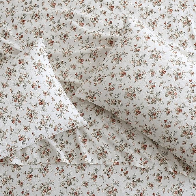 Laura Ashley - Flannel Sheets Queen Size, Anti-Pilling & Wrinkle Resistant Cotton, Touchably Soft for All-Season Comfort - Bed Sheets with Matching Pillowcases & Fitted Sheet (Le Fleur Orange)